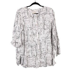 Cynthia Rowley Linen Blouse 1X Leaf Button Up Shirt Roll Tab Sleeve White Black